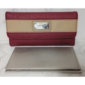 NINE WEST Burgundy/Tan Trifold Wallet with Checkbook Cover - NEW